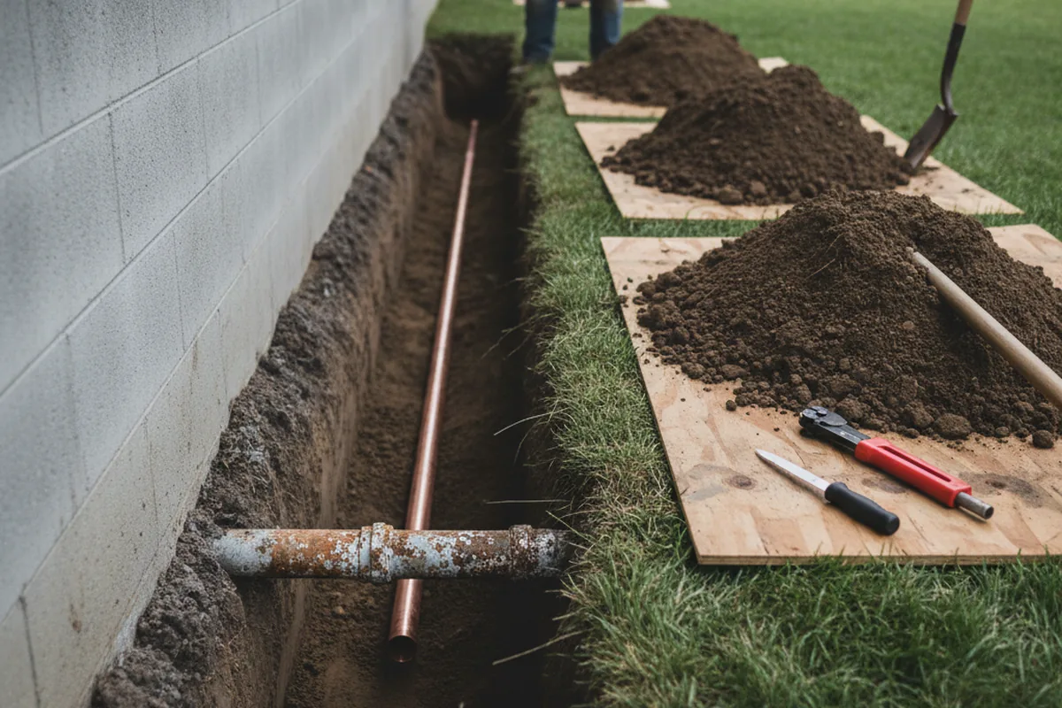 Excavated water line trench during Water Heater Repair in Boone